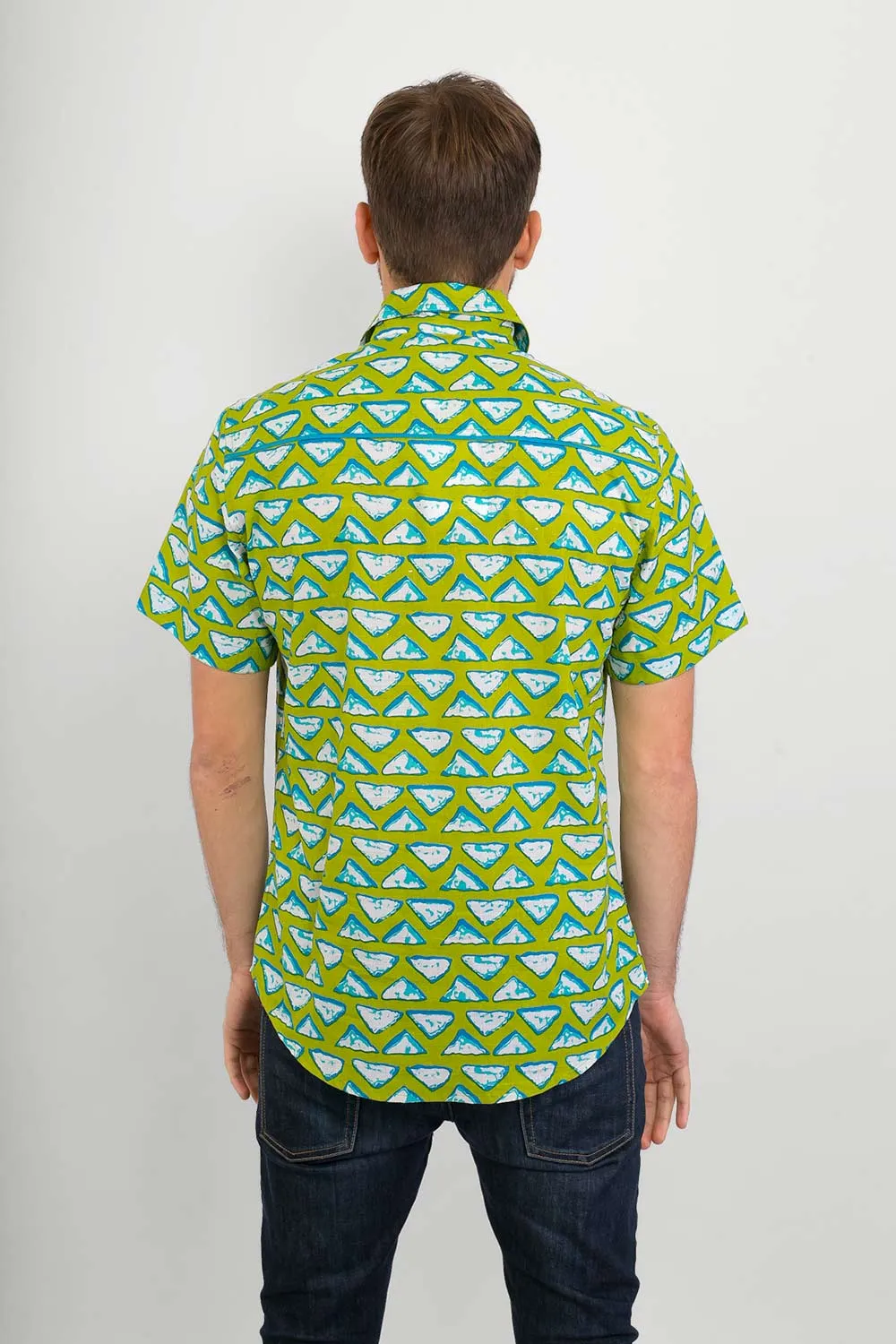 Green Blue Triangular Print Cotton Slim Fit Mens Shirt Short Sleeve