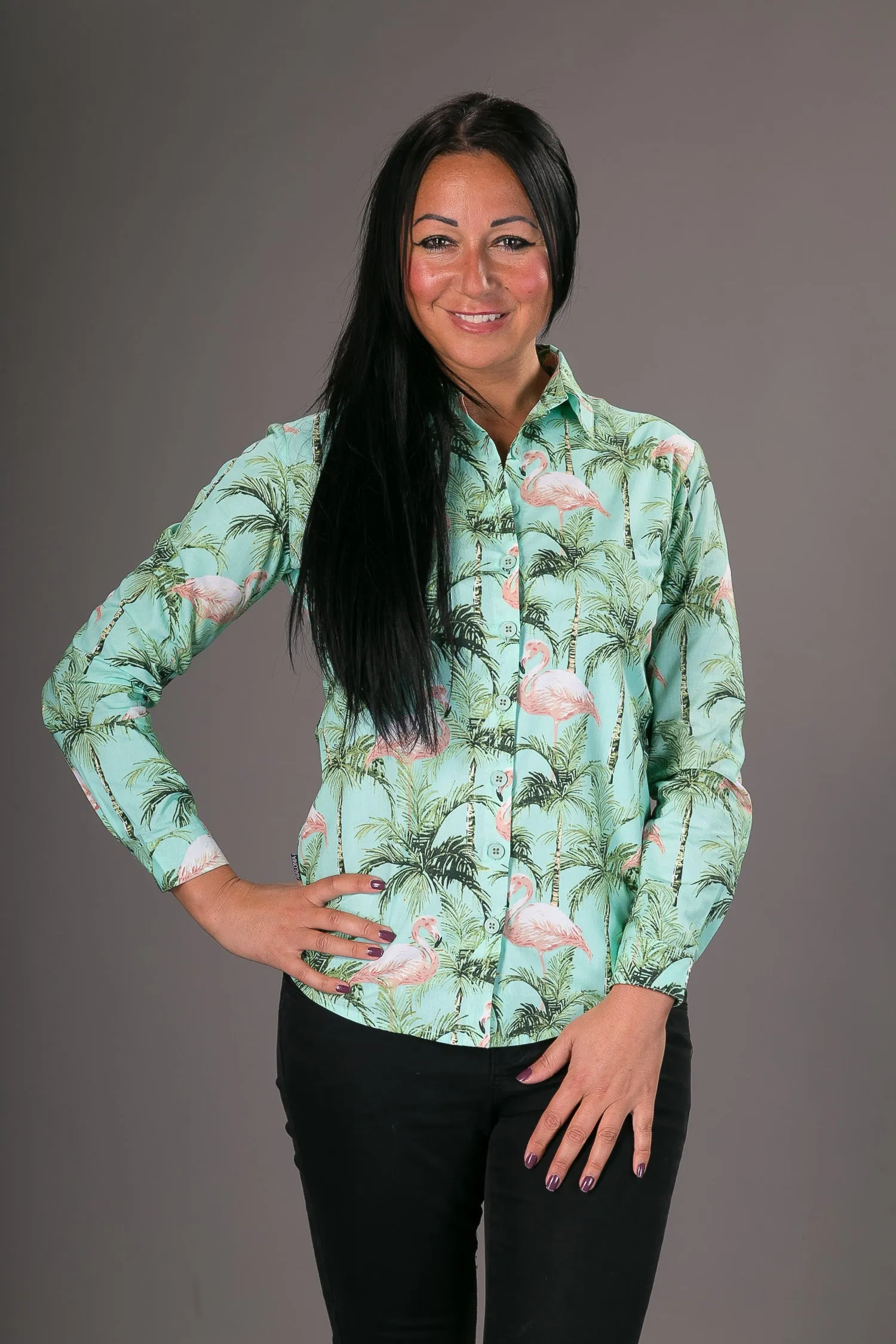 Green Flamingo Print Cotton Slim Fit Womens Shirt Long Sleeve