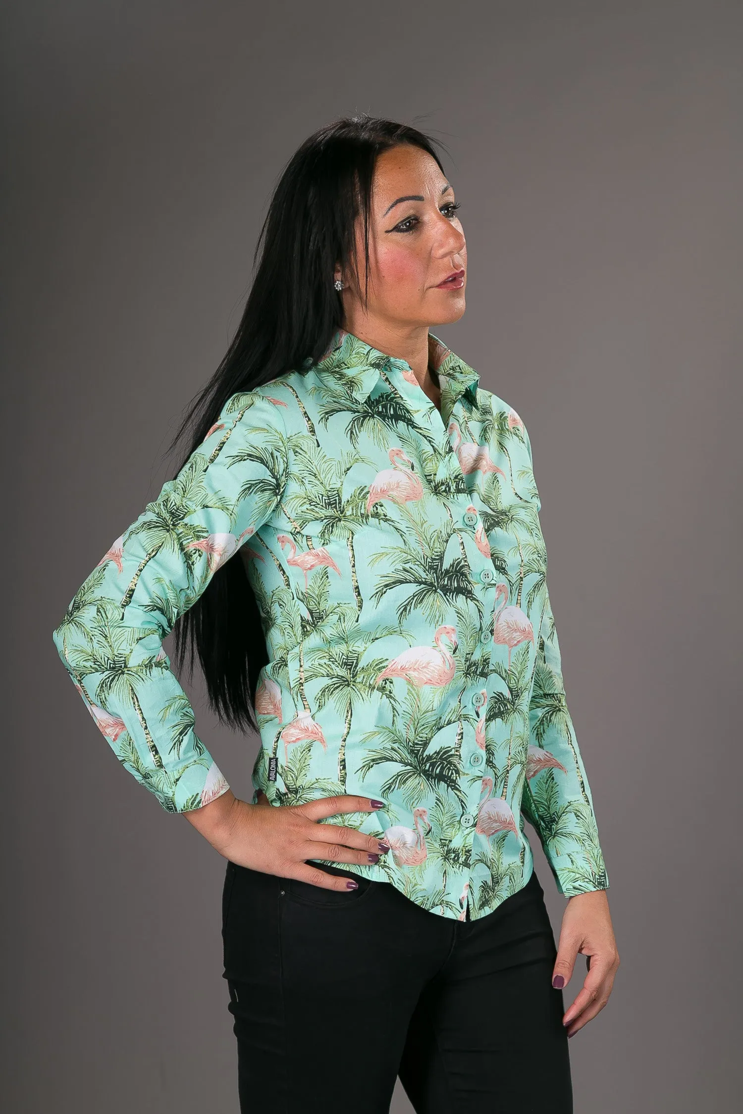 Green Flamingo Print Cotton Slim Fit Womens Shirt Long Sleeve