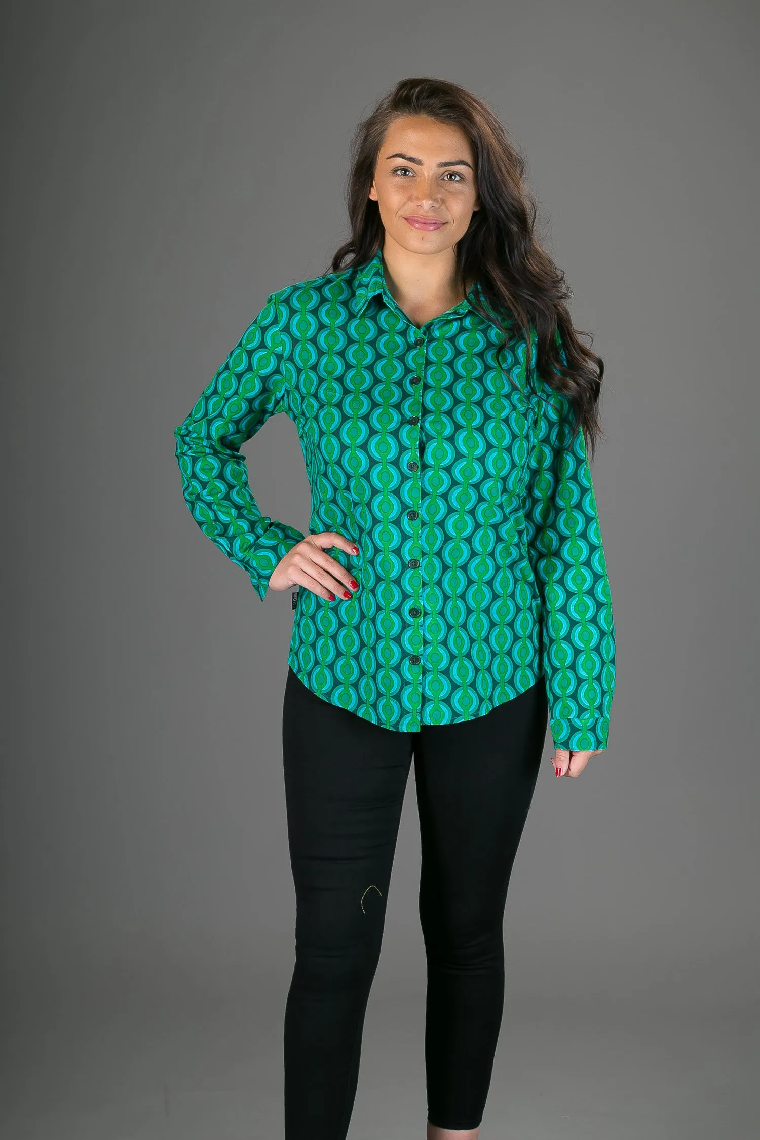 Green Geometric Print Cotton Slim Fit Womens Shirt Long Sleeve