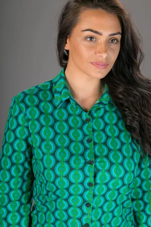 Green Geometric Print Cotton Slim Fit Womens Shirt Long Sleeve