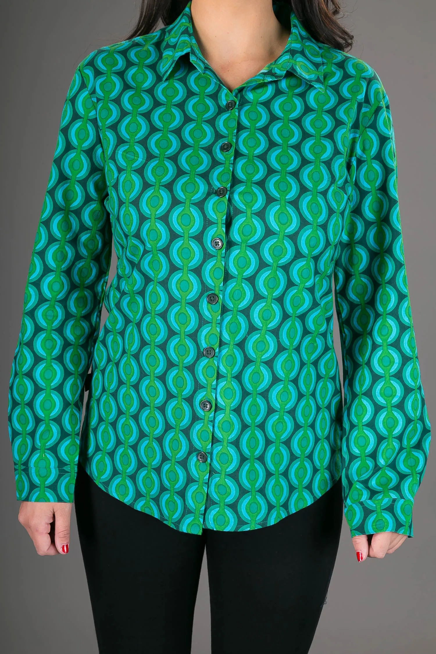 Green Geometric Print Cotton Slim Fit Womens Shirt Long Sleeve