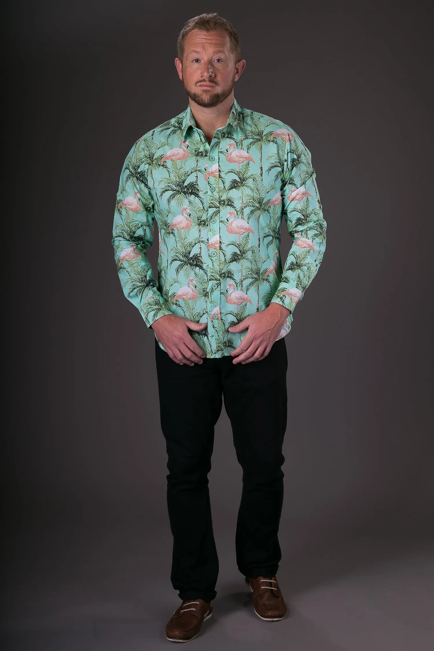 Green Pink Flamingo Birds Print Cotton Slim Fit Mens Shirt Long Sleeve