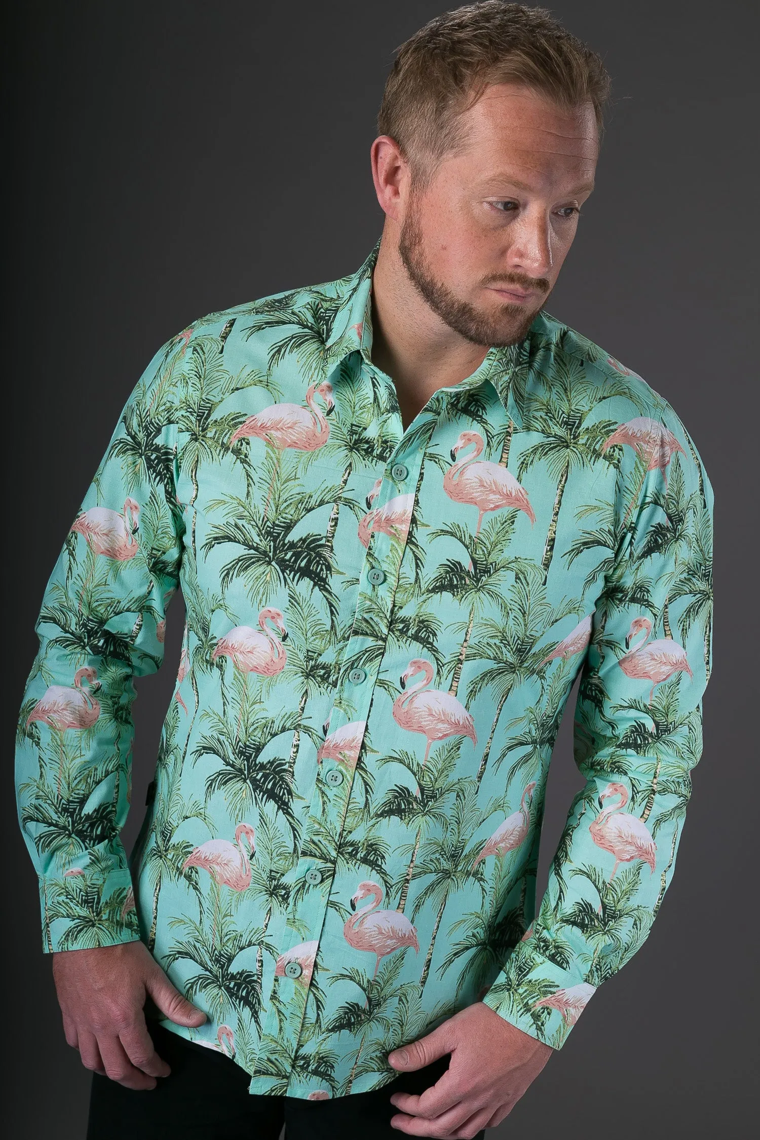 Green Pink Flamingo Birds Print Cotton Slim Fit Mens Shirt Long Sleeve