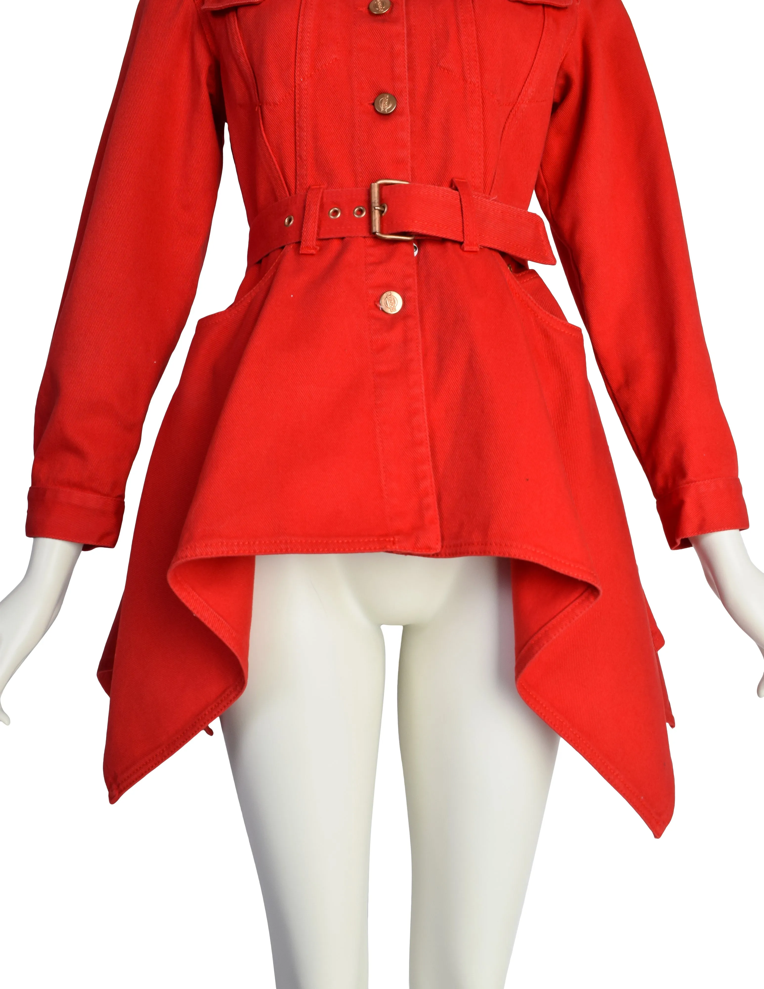 Jean Paul Gaultier SS 1992 Junior Gaultier Red Denim Flared Peplum Jacket