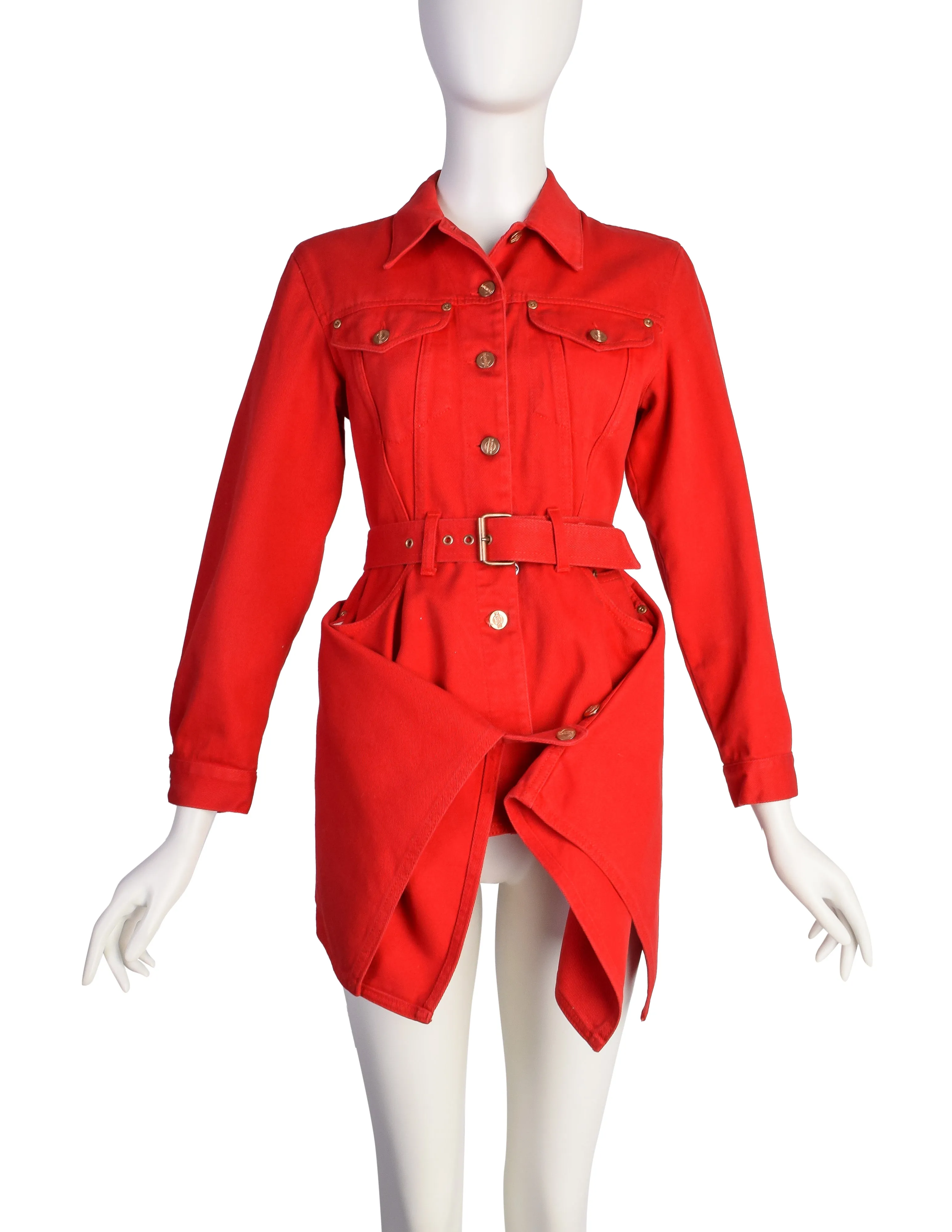 Jean Paul Gaultier SS 1992 Junior Gaultier Red Denim Flared Peplum Jacket