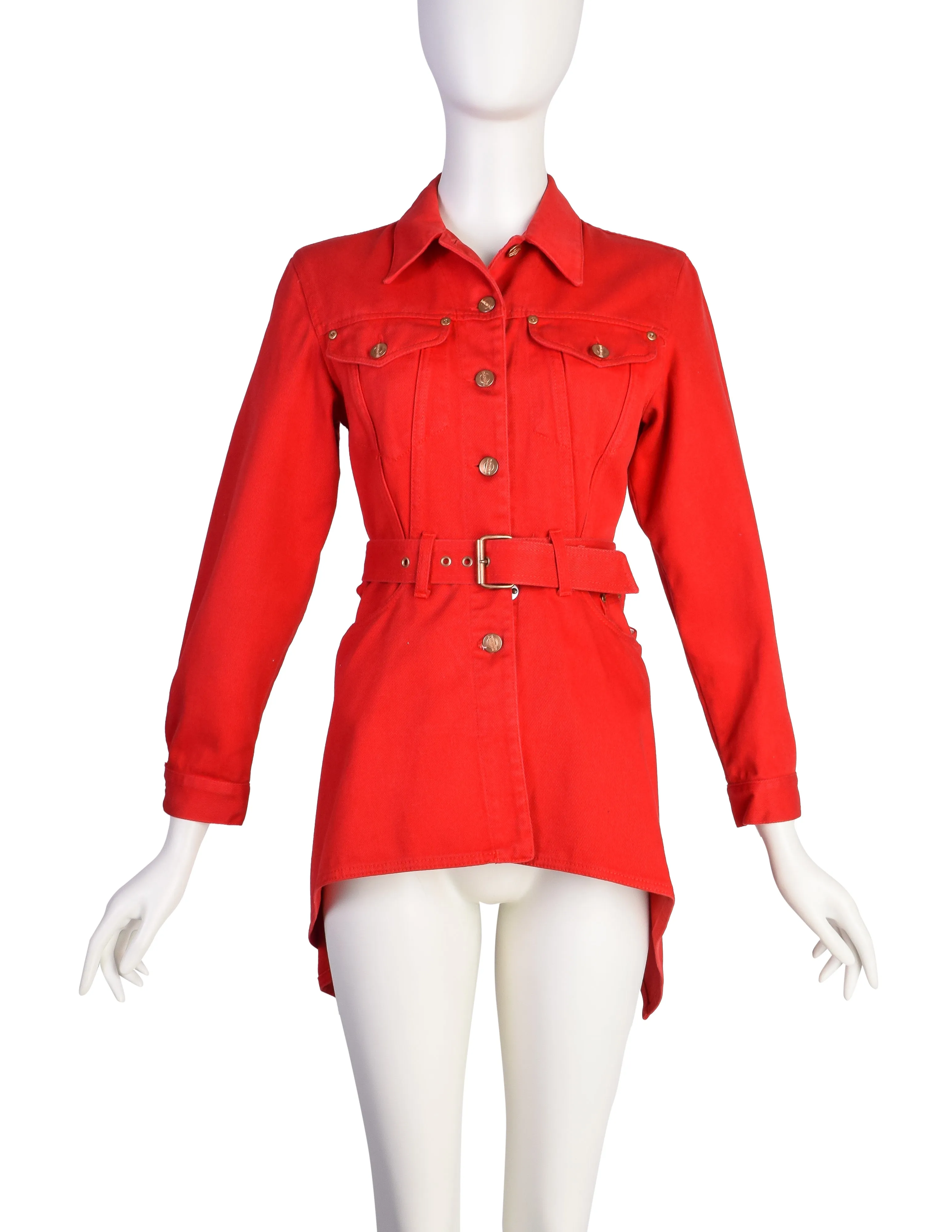 Jean Paul Gaultier SS 1992 Junior Gaultier Red Denim Flared Peplum Jacket