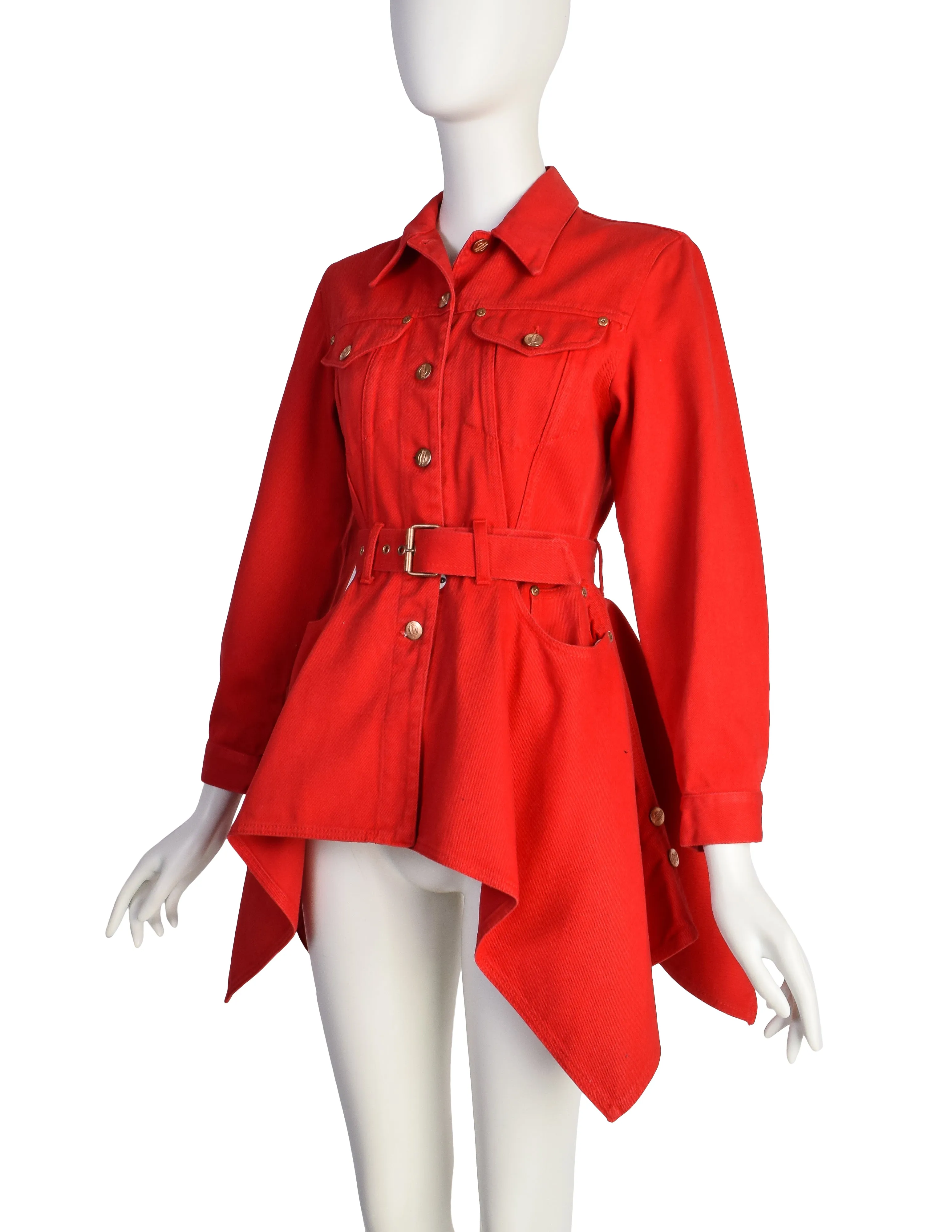 Jean Paul Gaultier SS 1992 Junior Gaultier Red Denim Flared Peplum Jacket