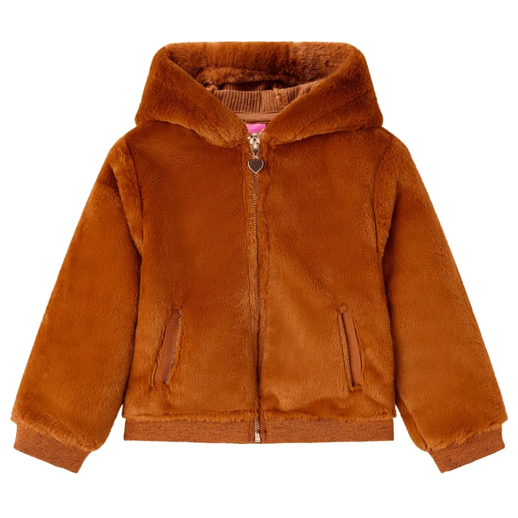 Kids' Hooded Faux Fur Jacket in Cognac, Size 116 - Warm & Stylish for Ages 5-6