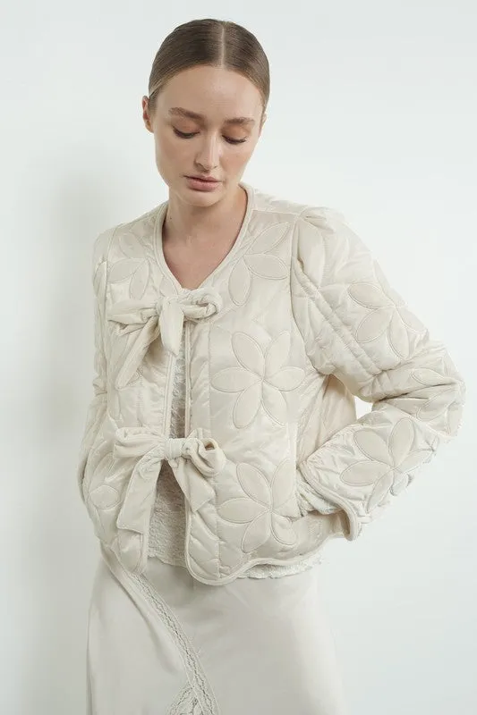 Lana Long Sleeve Velvet Floral Patchwork Quilted Jacket Cream