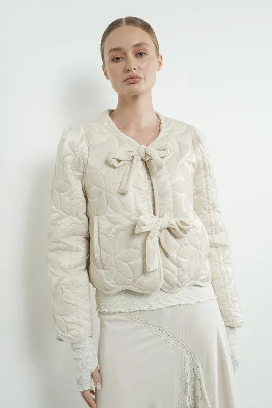 Lana Long Sleeve Velvet Floral Patchwork Quilted Jacket Cream