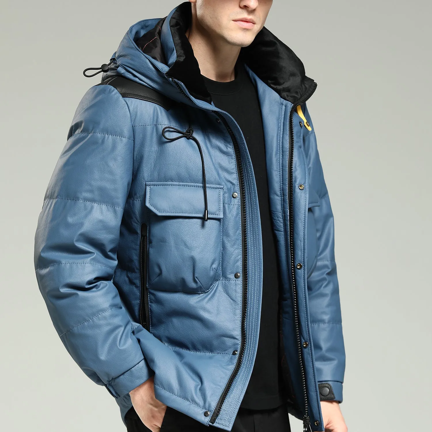 Leather Down Jacket - Men's Blue Hooded Cowhide Down Jacket