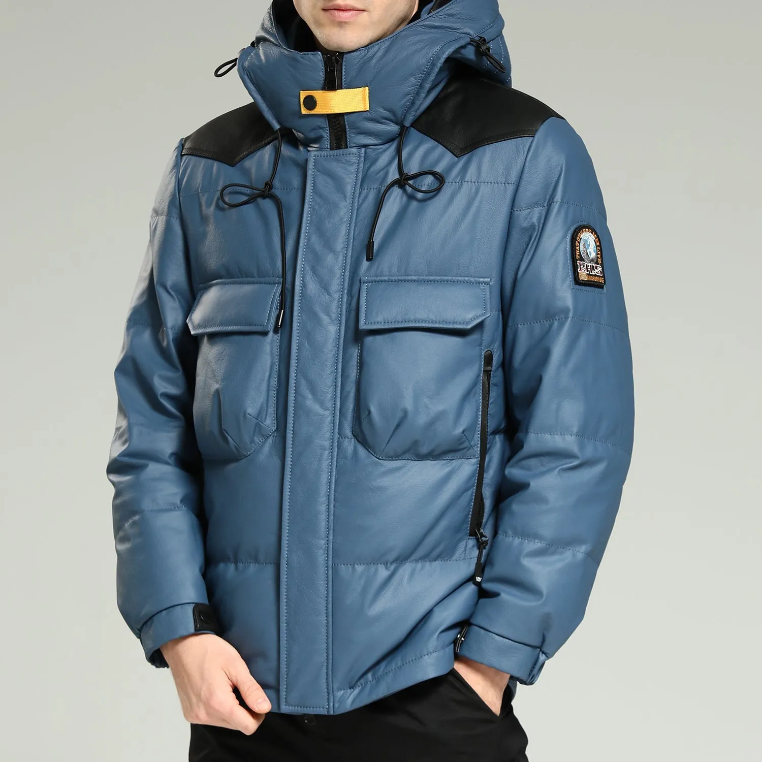 Leather Down Jacket - Men's Blue Hooded Cowhide Down Jacket