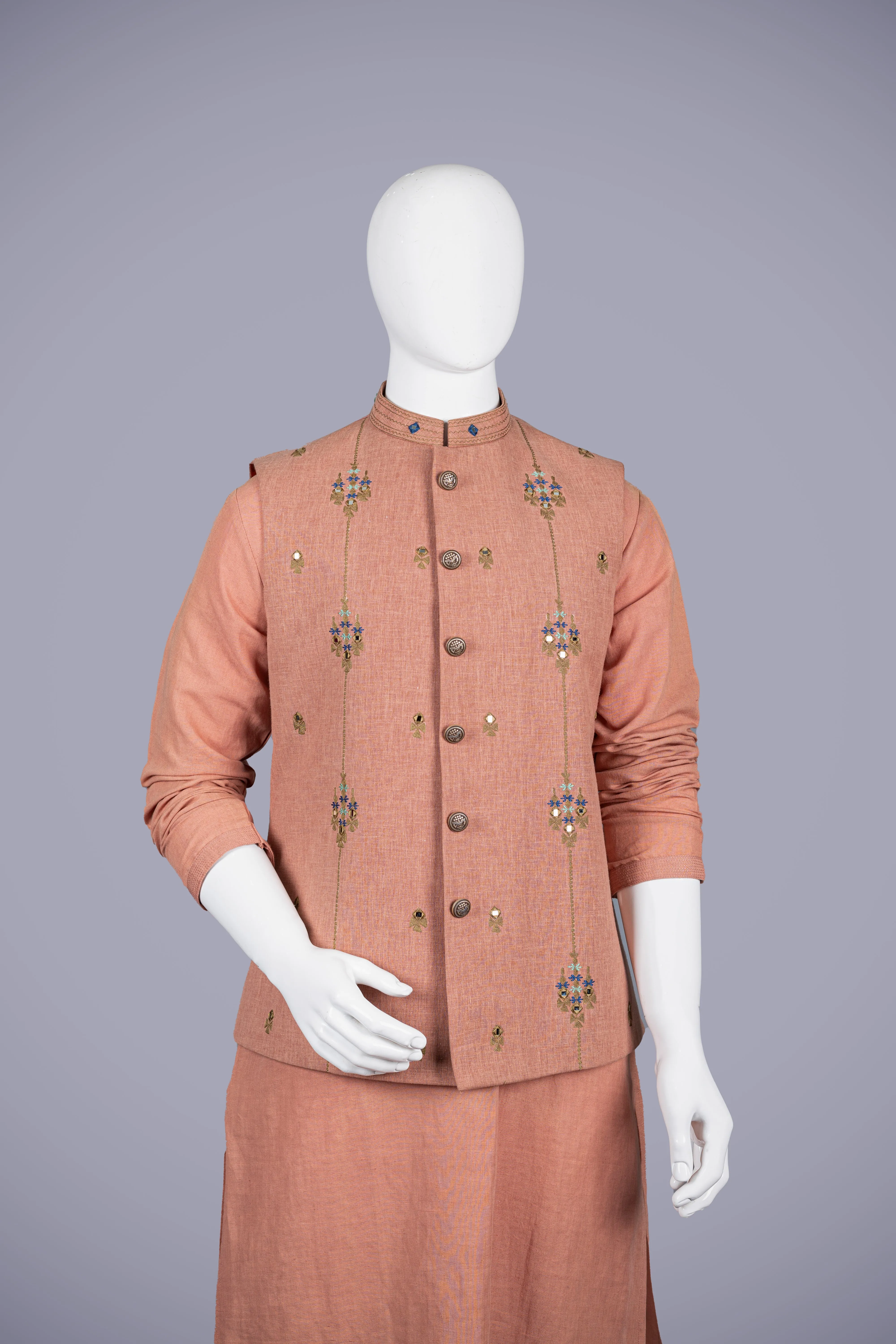 Light Peach Linen Cotton Jacket Set with Mirror Work