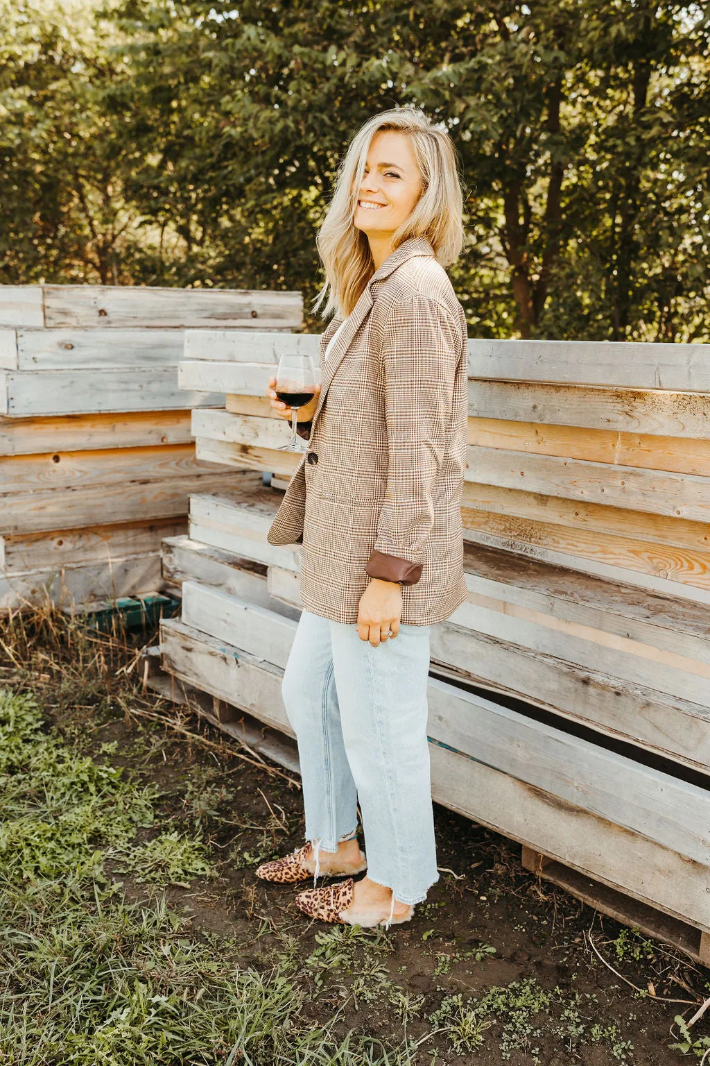 Lila Brown Plaid Boyfriend Blazer