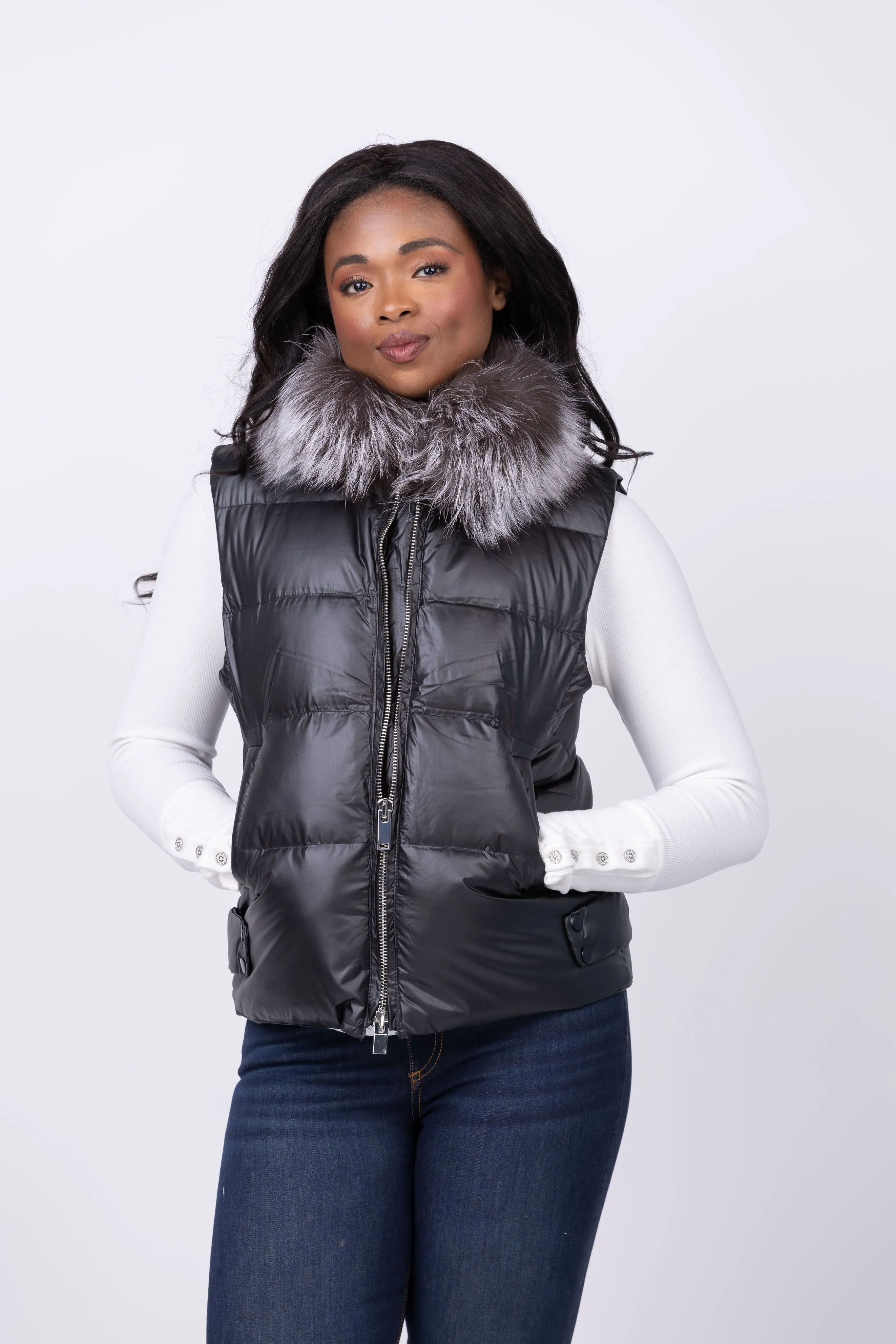 Linda Richards Fox/Down Vest in Black