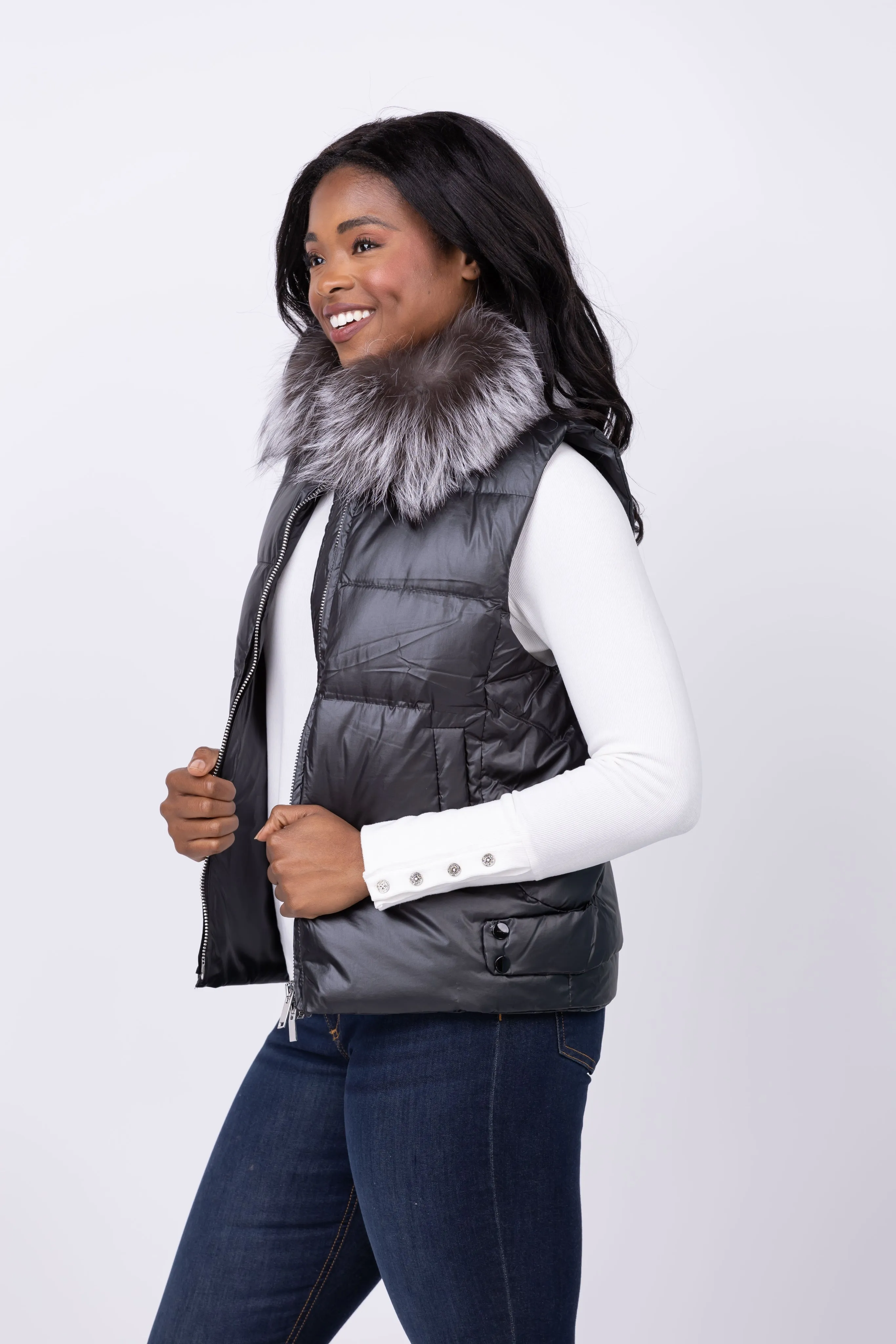 Linda Richards Fox/Down Vest in Black