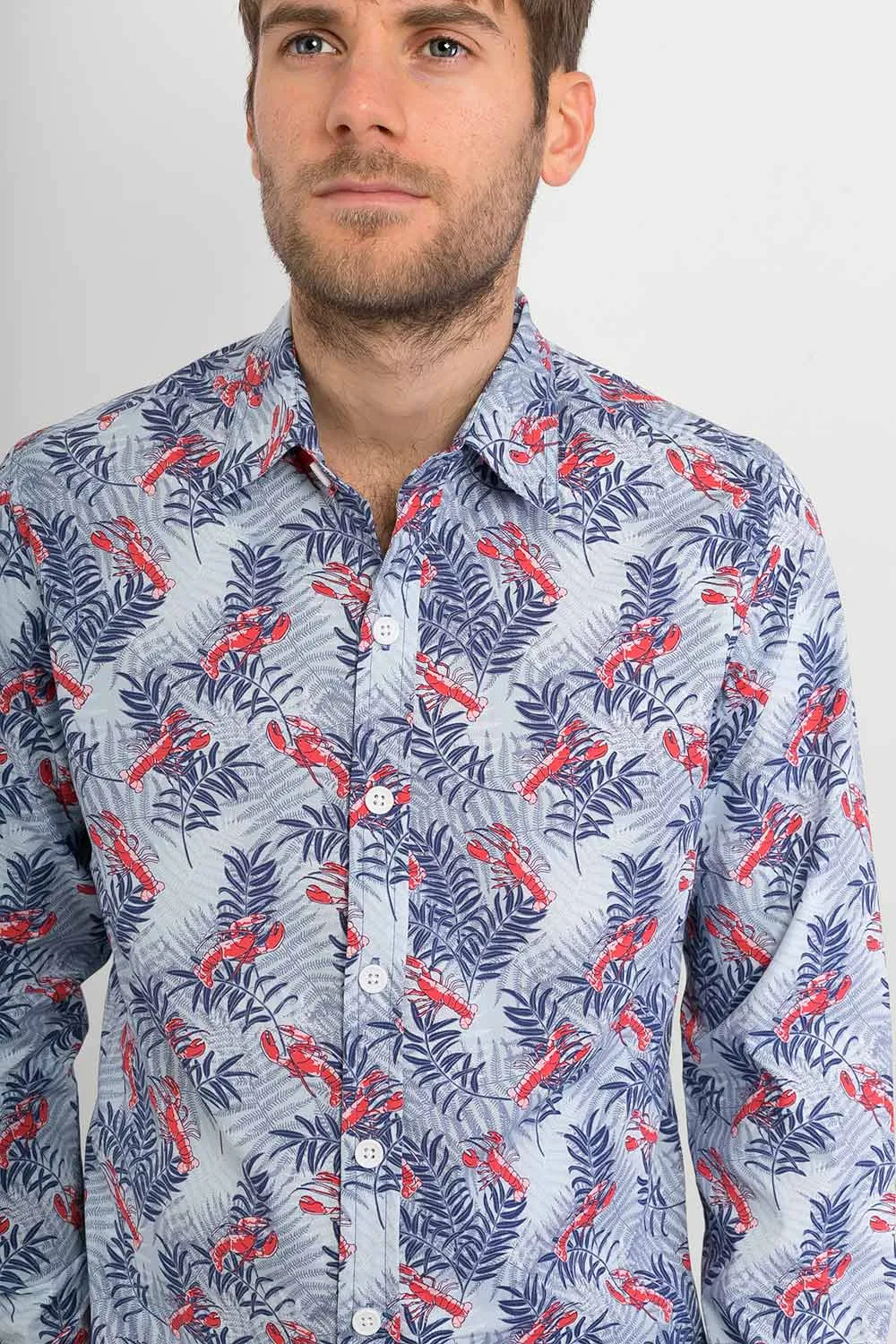 Lobster Blue Sea Print Cotton Slim Fit Mens Shirt Long Sleeve