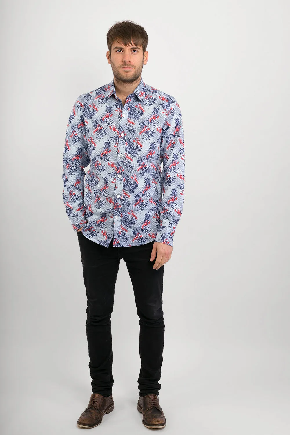 Lobster Blue Sea Print Cotton Slim Fit Mens Shirt Long Sleeve