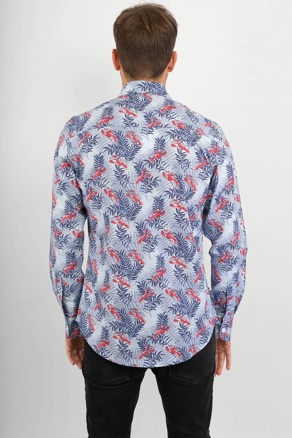 Lobster Blue Sea Print Cotton Slim Fit Mens Shirt Long Sleeve