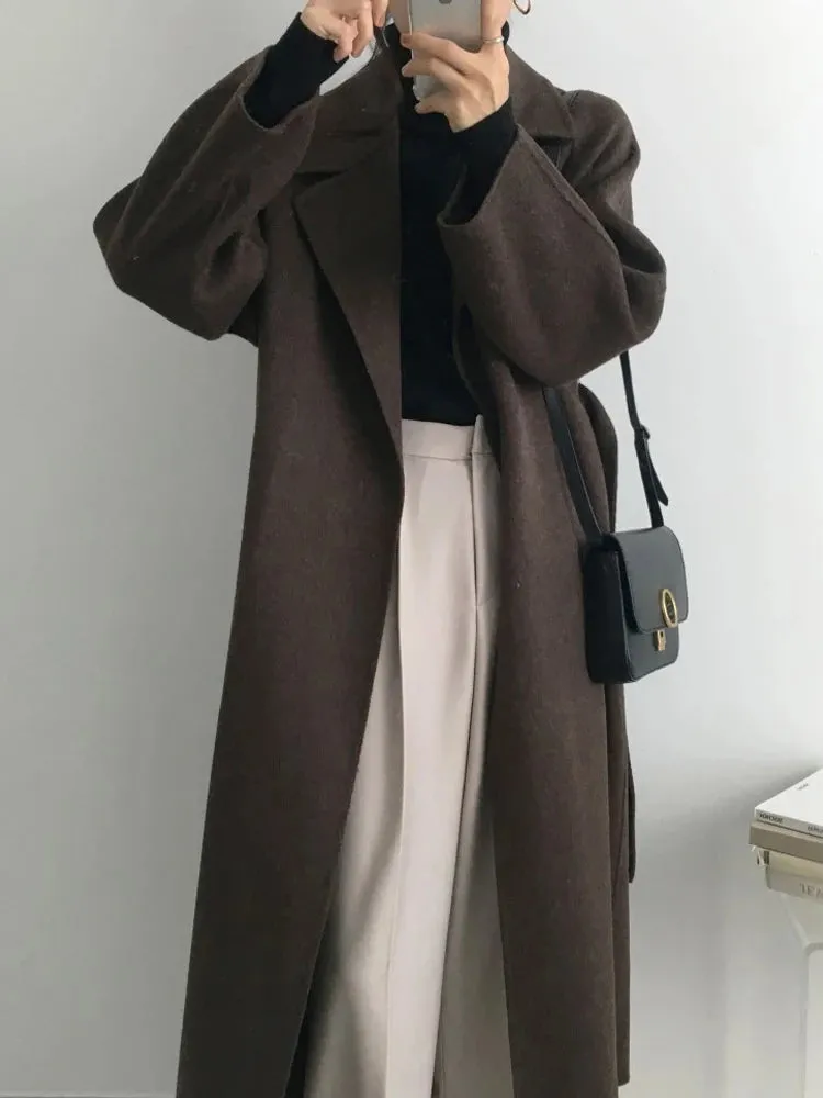 Long Woolen Coat Women. Outerwear Ladies Casual Loose Chic Coats