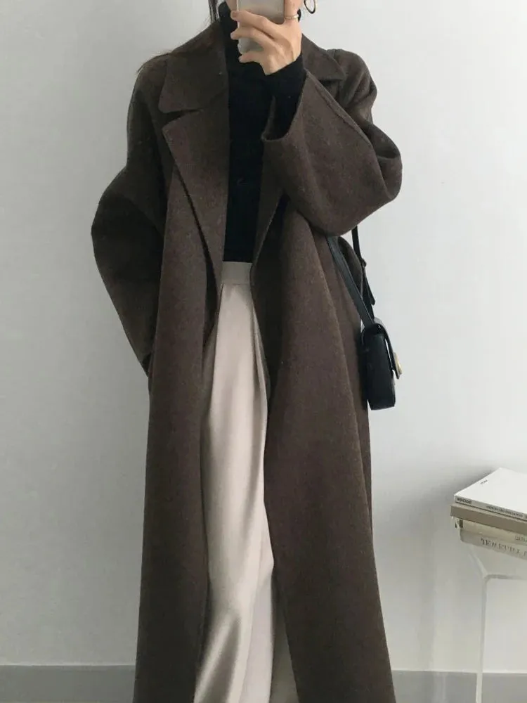 Long Woolen Coat Women. Outerwear Ladies Casual Loose Chic Coats