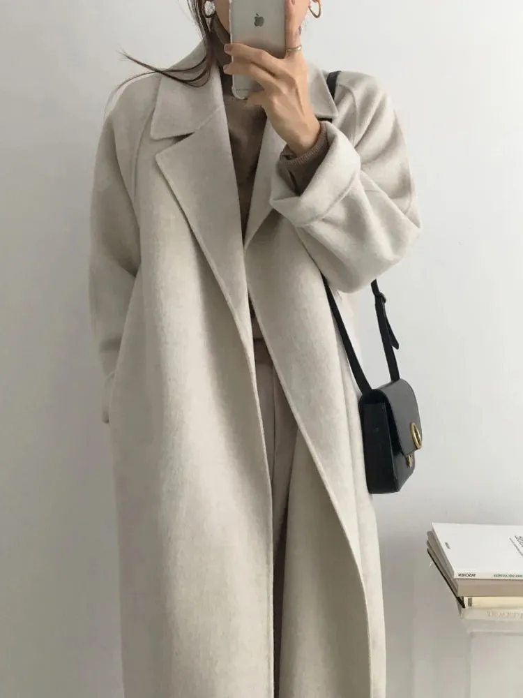 Long Woolen Coat Women. Outerwear Ladies Casual Loose Chic Coats