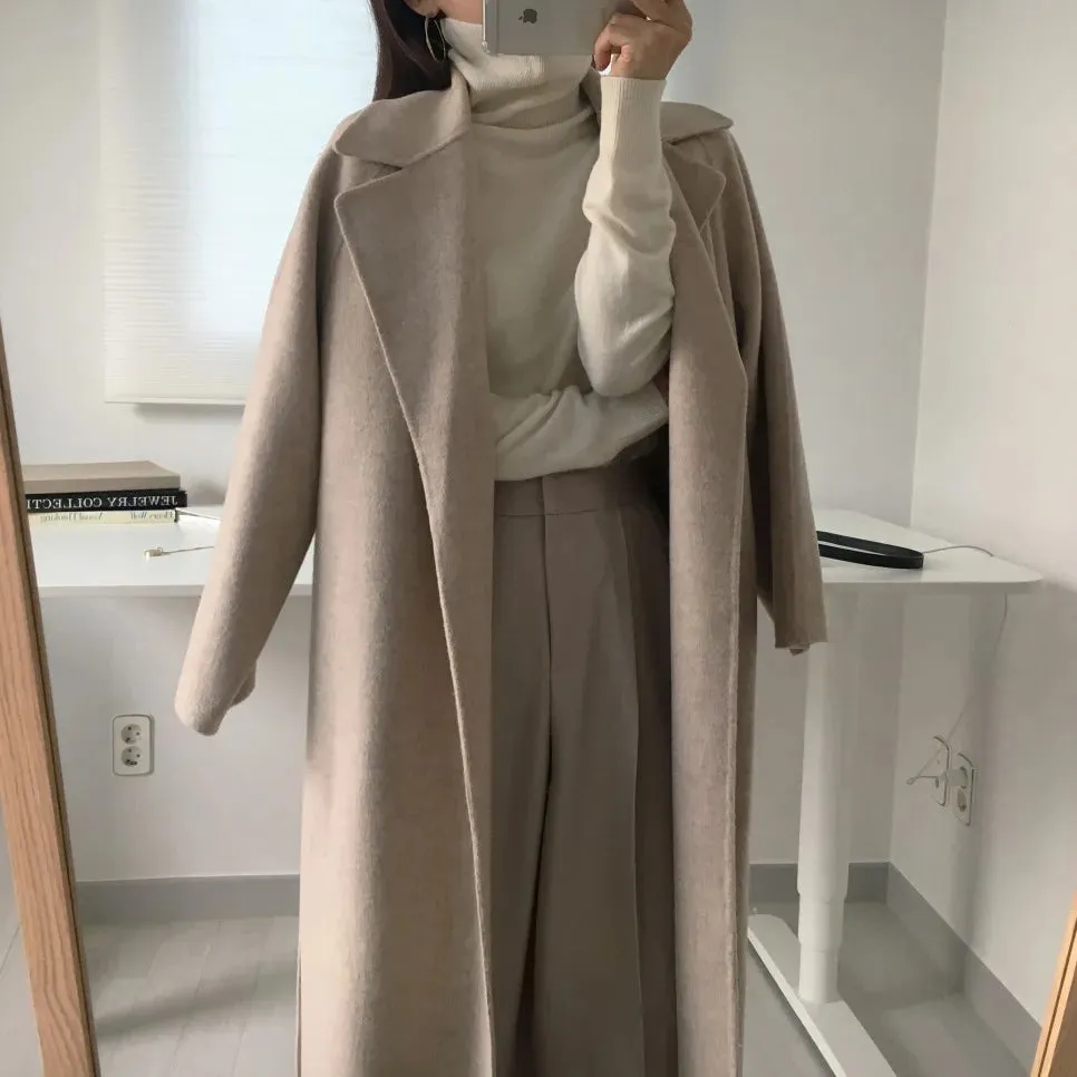 Long Woolen Coat Women. Outerwear Ladies Casual Loose Chic Coats