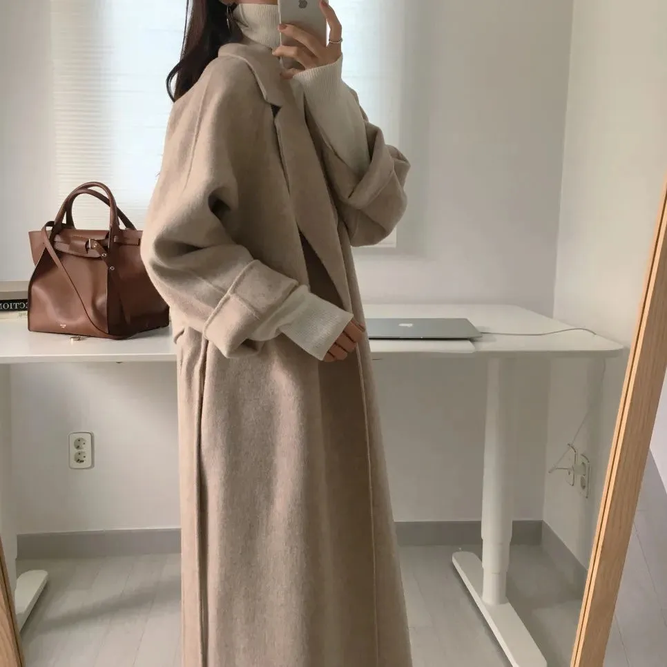 Long Woolen Coat Women. Outerwear Ladies Casual Loose Chic Coats