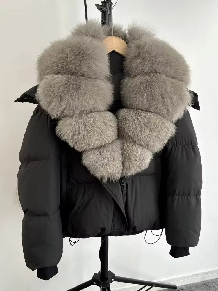 Luxurious Women's Duck Down Jacket with Natural Fur Collar & Removable Hood