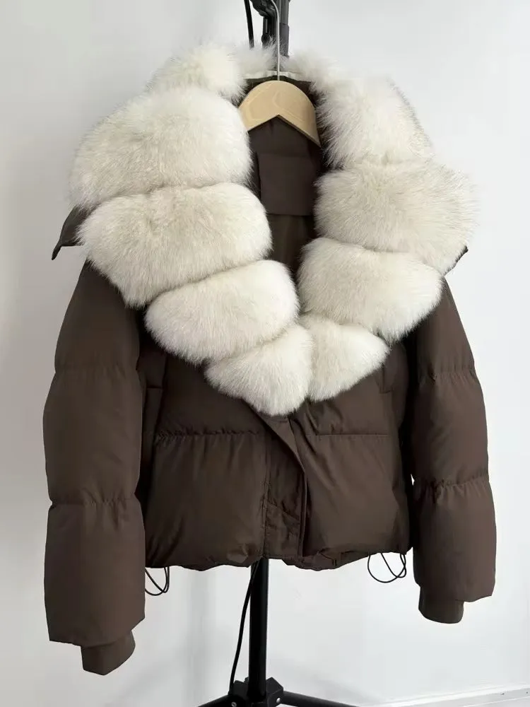 Luxurious Women's Duck Down Jacket with Natural Fur Collar & Removable Hood