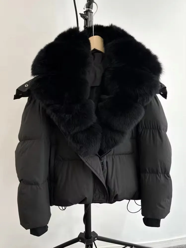 Luxurious Women's Duck Down Jacket with Natural Fur Collar & Removable Hood