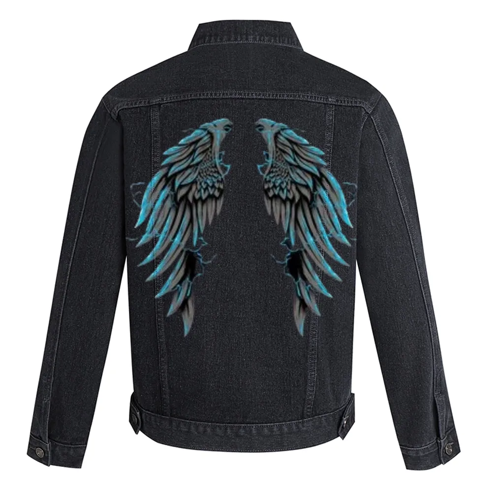 Mens Eagle Wing Graphic Button Up Denim Jacket