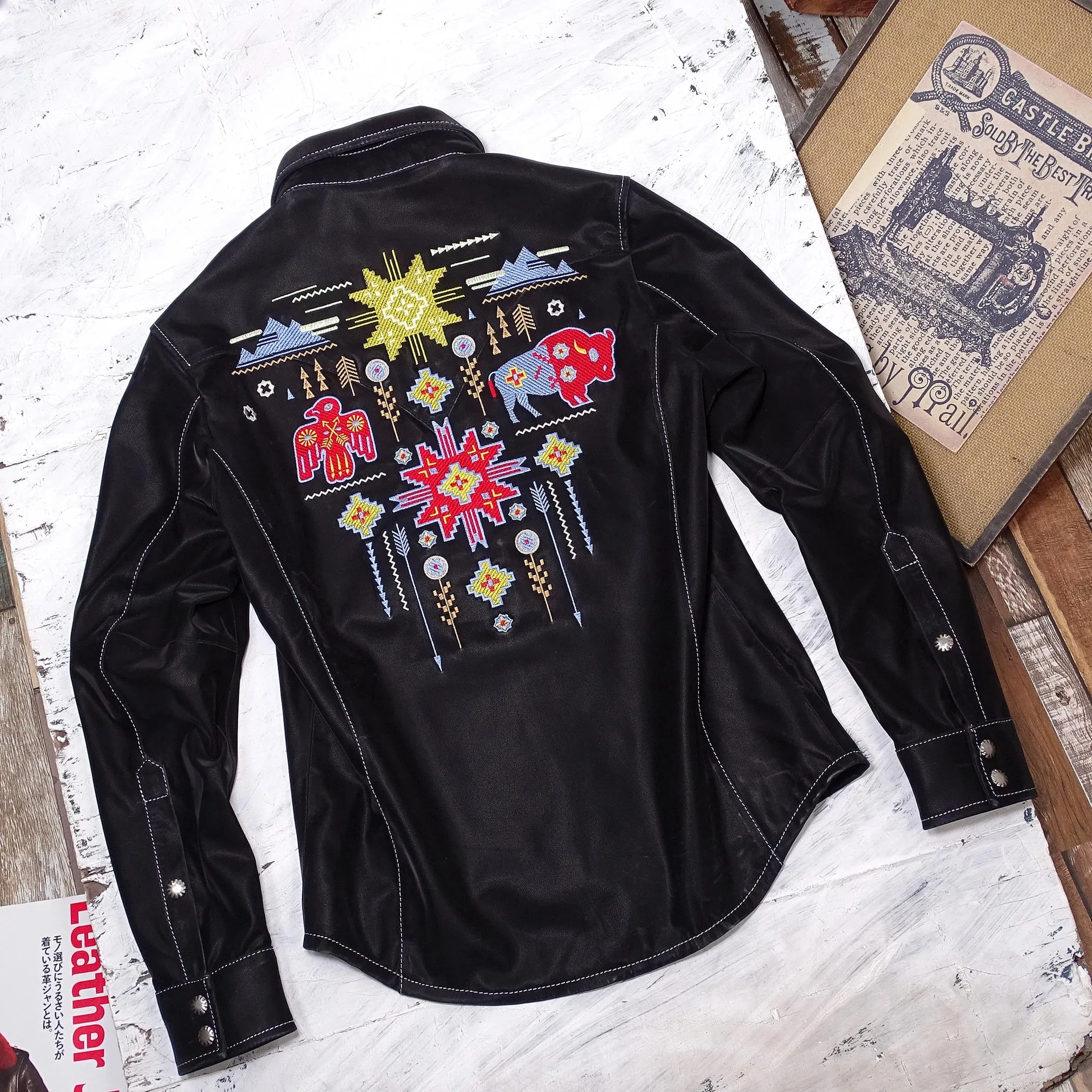 Men's Leather Jacket with Various Totem Embroidery - Slim Fit