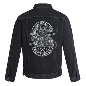 Mens REAL MEN LOVE CURVES Motorcycle Graphic Button Up Denim Jacket