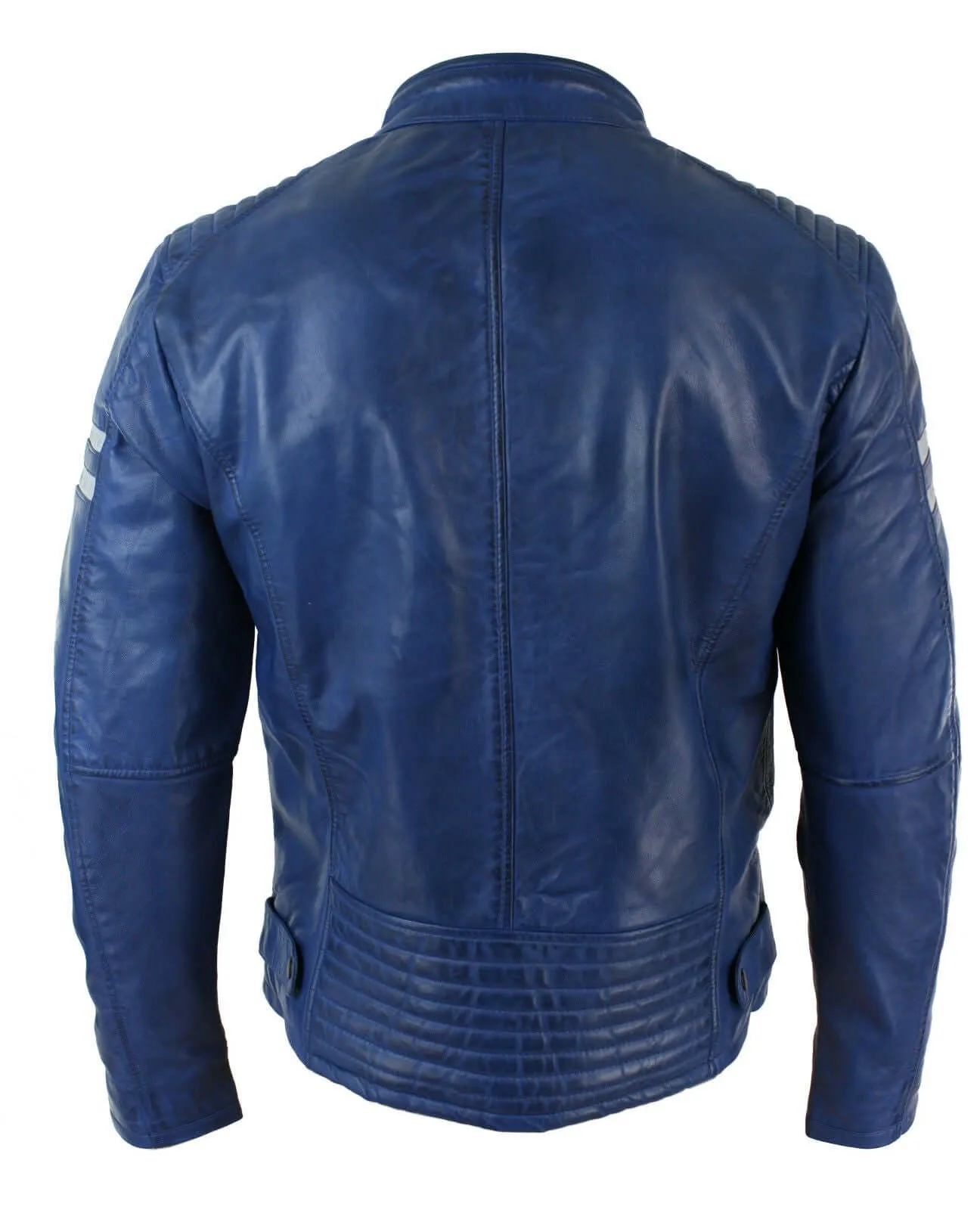 Men's Slim Fit Real Leather Biker Racing Jacket Blue Stripes Vintage jacket