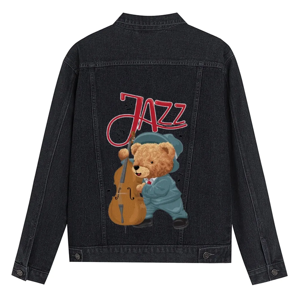 Mens Vintage Cartoon Cute Bear Jazz Prints Denim Jacket