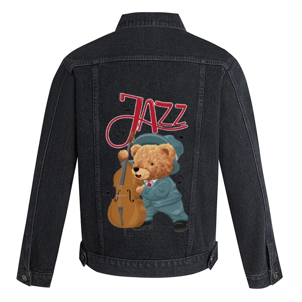 Mens Vintage Cartoon Cute Bear Jazz Prints Denim Jacket