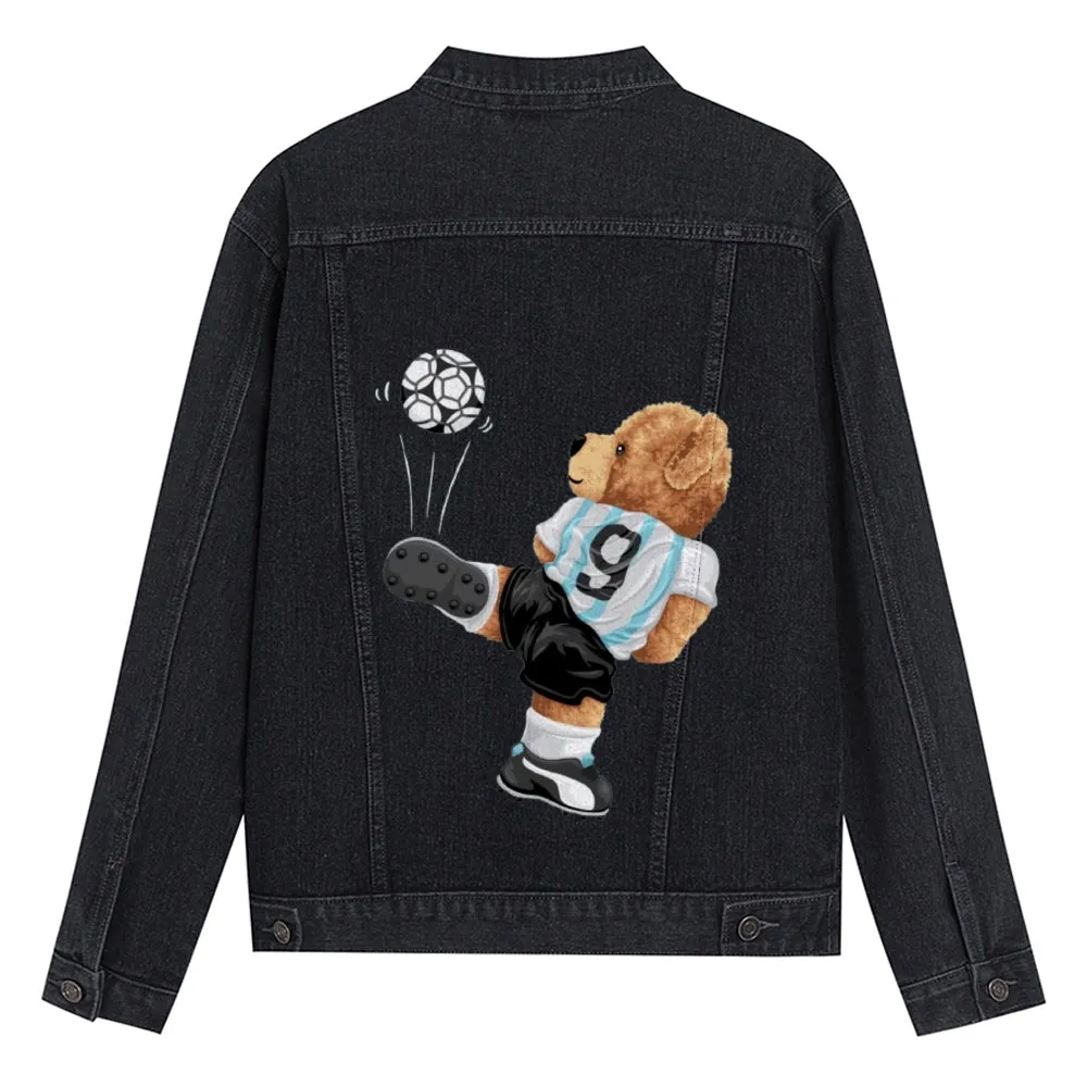 Mens Vintage Cartoon Cute Bear Prints No. 9 Football Jersey Denim Jacket