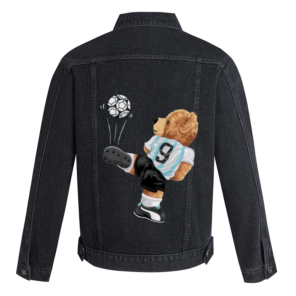 Mens Vintage Cartoon Cute Bear Prints No. 9 Football Jersey Denim Jacket