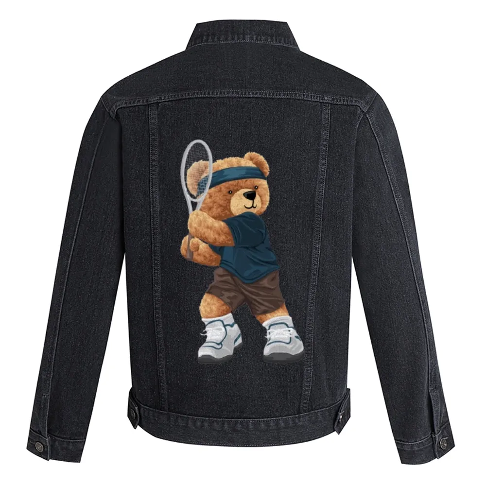 Mens Vintage Cartoon Cute Tennis Bear Prints Denim Jacket