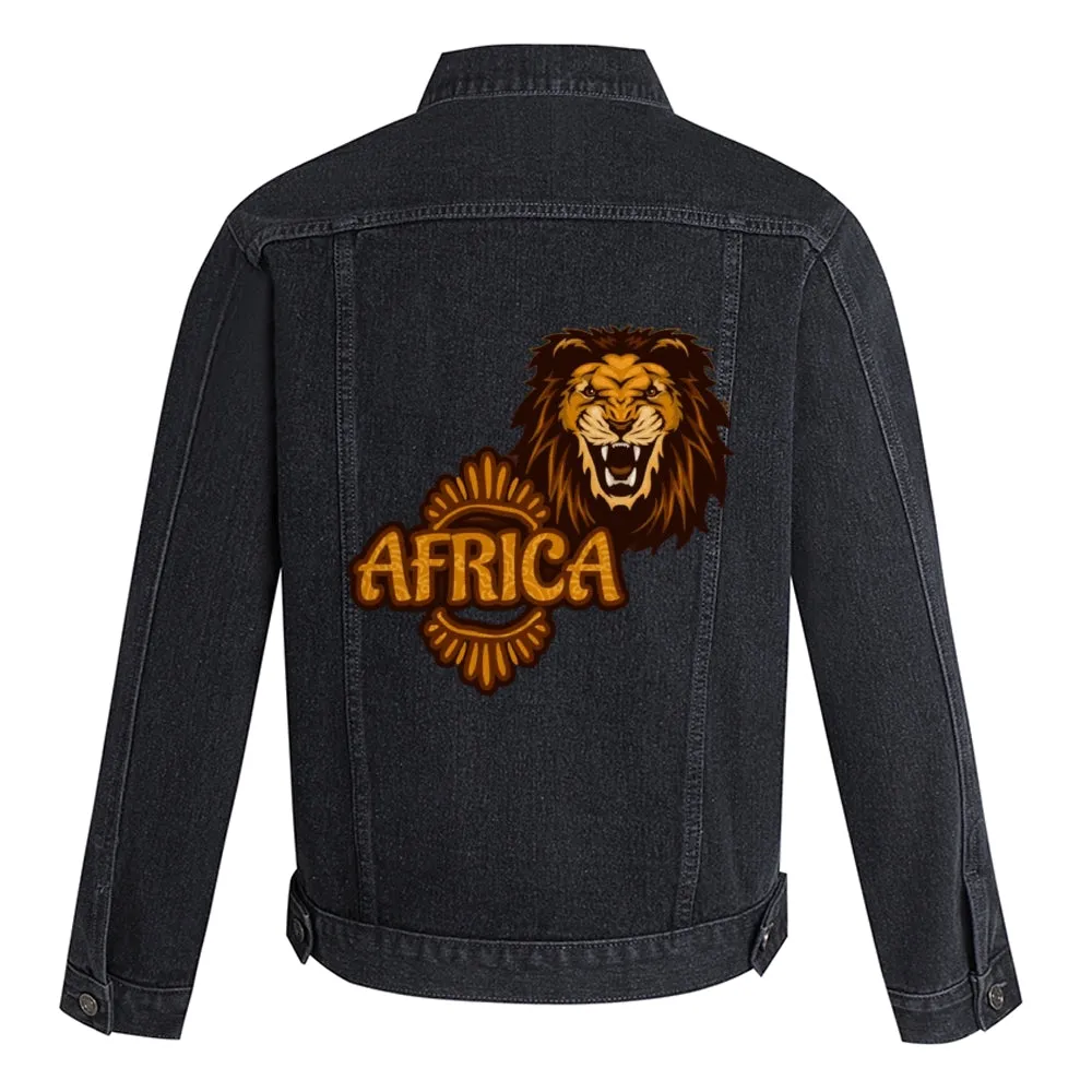 Mens Vintage Cartoon Prints AFRICA Lion Head Denim Jacket