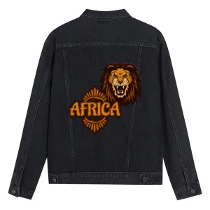 Mens Vintage Cartoon Prints AFRICA Lion Head Denim Jacket