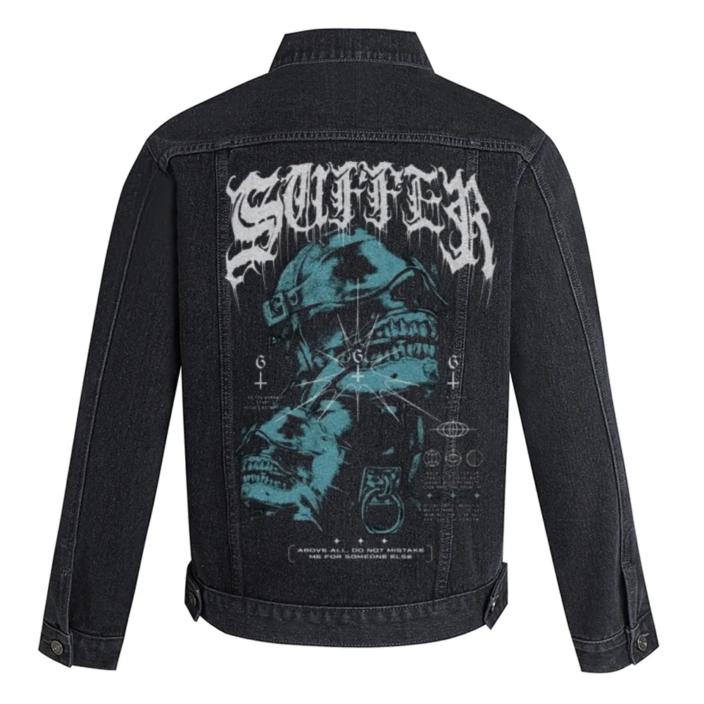 Mens Vintage Gothic Suffer Graphic Button Up Denim Jacket