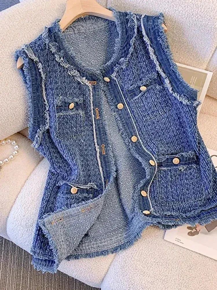 Metaversmall Spring Autumn Blue Plaid Denim Women's Vest with Tassel Elegant Fashion Women Single Breasted Flow Sleeveless Tank Top Coat