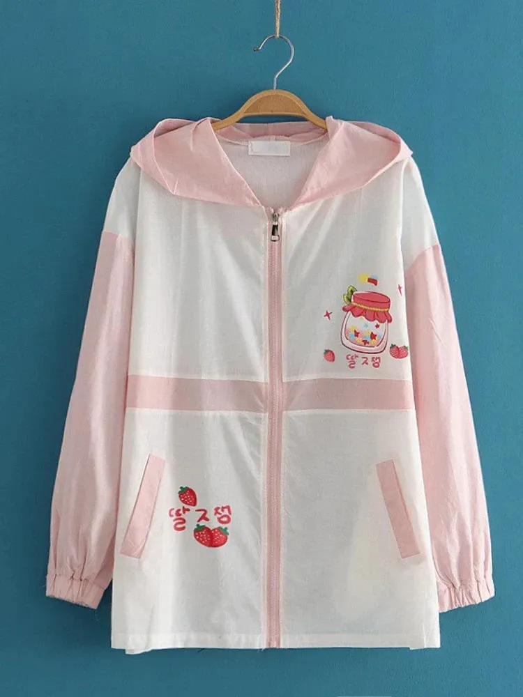 Metaversmall Summer Women Thin Zipper Hooded Jackets Strawberry Print Long Sleeve Harakuju Jacket Sweet Style Female Kawaii Cute Coat