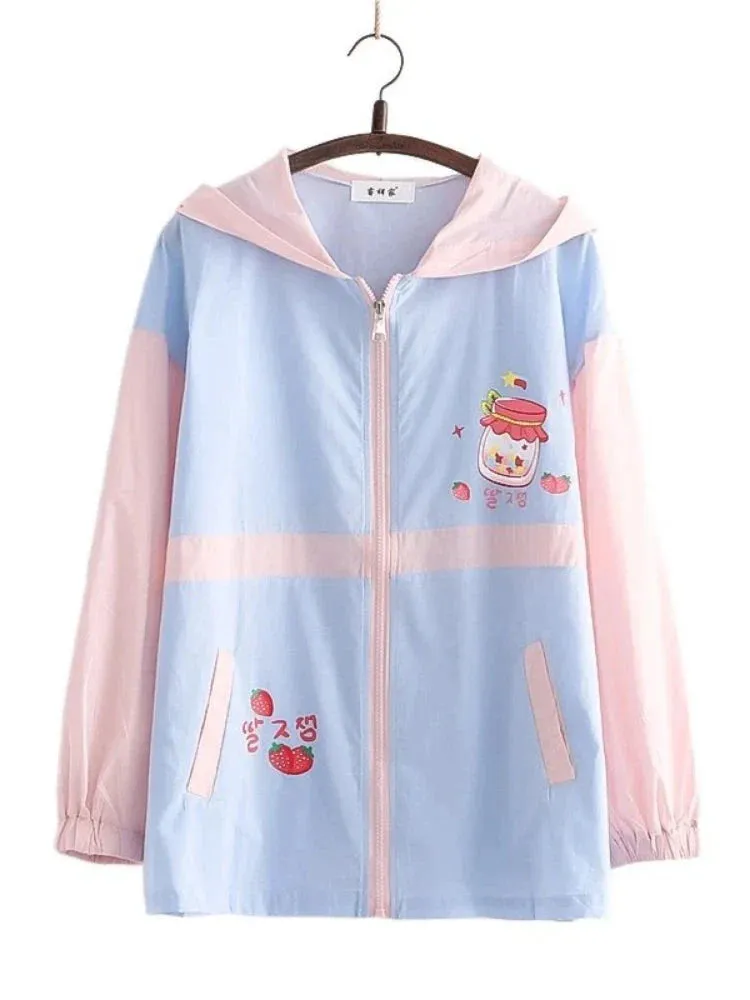 Metaversmall Summer Women Thin Zipper Hooded Jackets Strawberry Print Long Sleeve Harakuju Jacket Sweet Style Female Kawaii Cute Coat