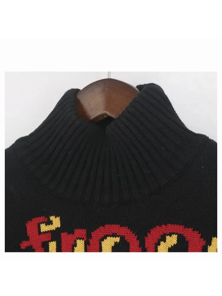 Metaversmall Women's Cartoon Forg Embroidery Knitted Sweaters 2023 Winter Thick Warm Vintage Jacquard Sweater Knit Pullovers