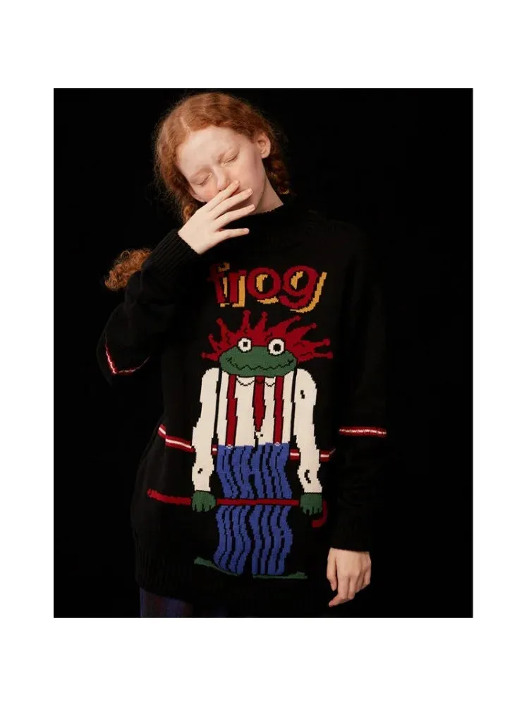 Metaversmall Women's Cartoon Forg Embroidery Knitted Sweaters 2023 Winter Thick Warm Vintage Jacquard Sweater Knit Pullovers