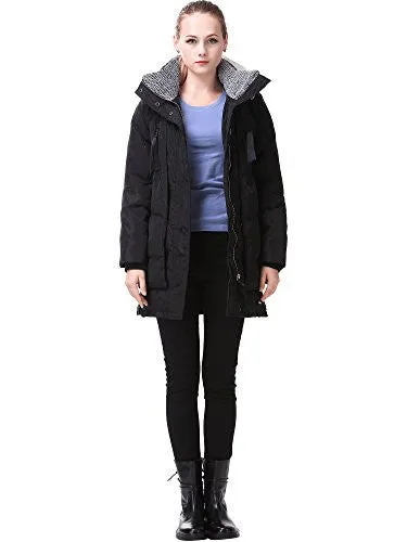 Miya Women's Thickened Hooded Down Jacket Long Sections with Fur Collar, Black, Medium